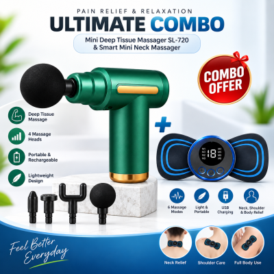Mini Deep Tissue Therapy Massager SL-720 & Smart Mini Neck Massager Combo – Portable Rechargeable Electronic Body & Muscle Pain Relief Massager Set